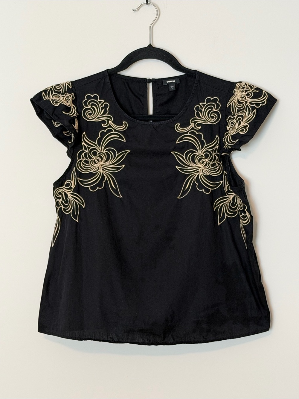 Express Black Floral Embroidered Cotton Blouse Women’s Small Flutter Sleeve